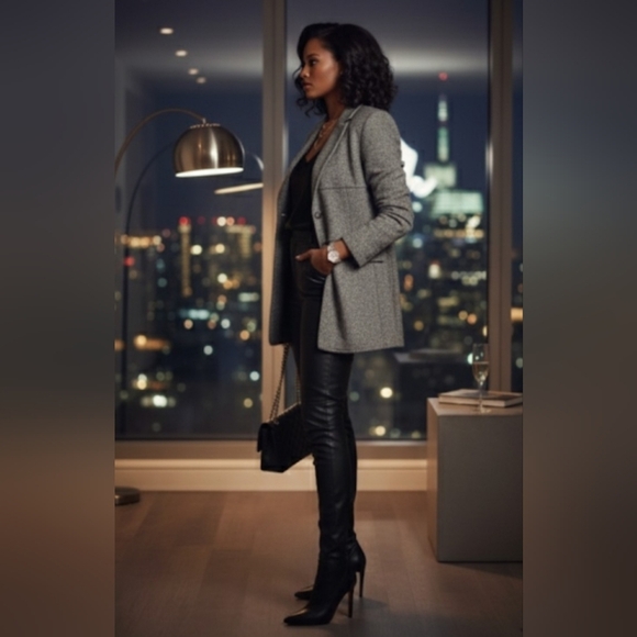 Express Vintage Stretch Black Grey White Tweed Wool Blend Blazer Jacket Size 3/4 - Picture 6 of 13